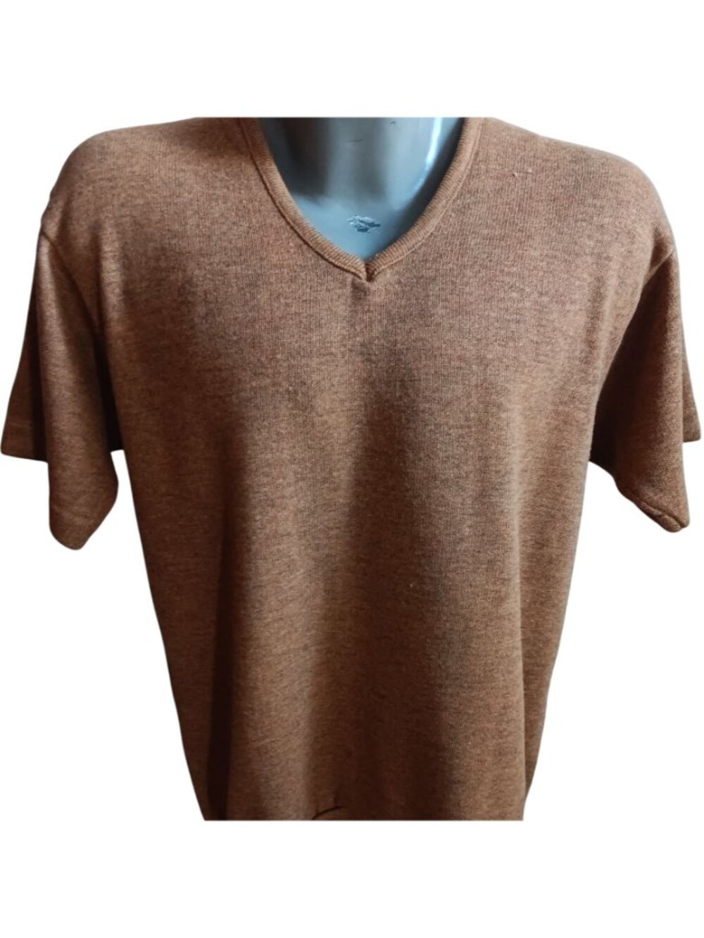 True Vintage XL T-shirt Sweater 1970's Creslan Rayon heather Brown V-Neck MOD